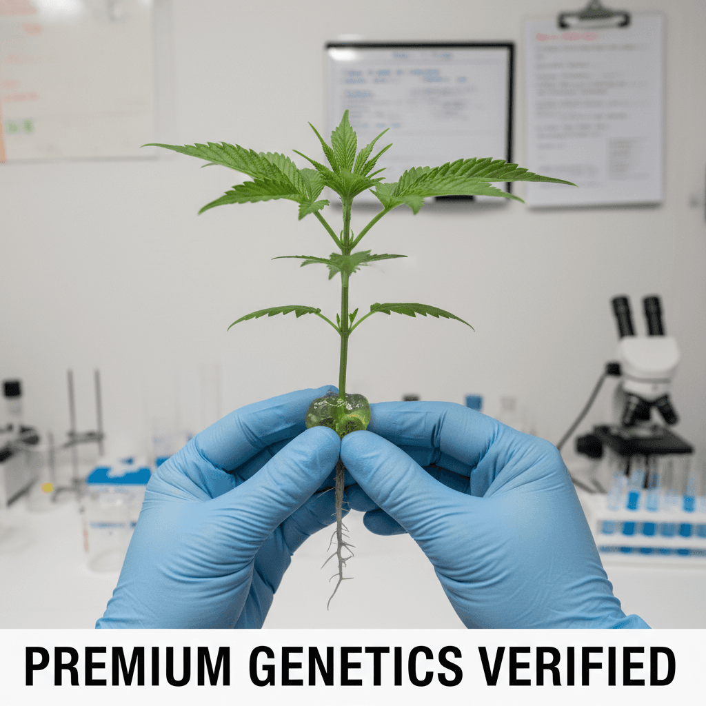 Cultivator's gloved hands examining a healthy cannabis clone cutting under laboratory lighting, showing node structure and root development
