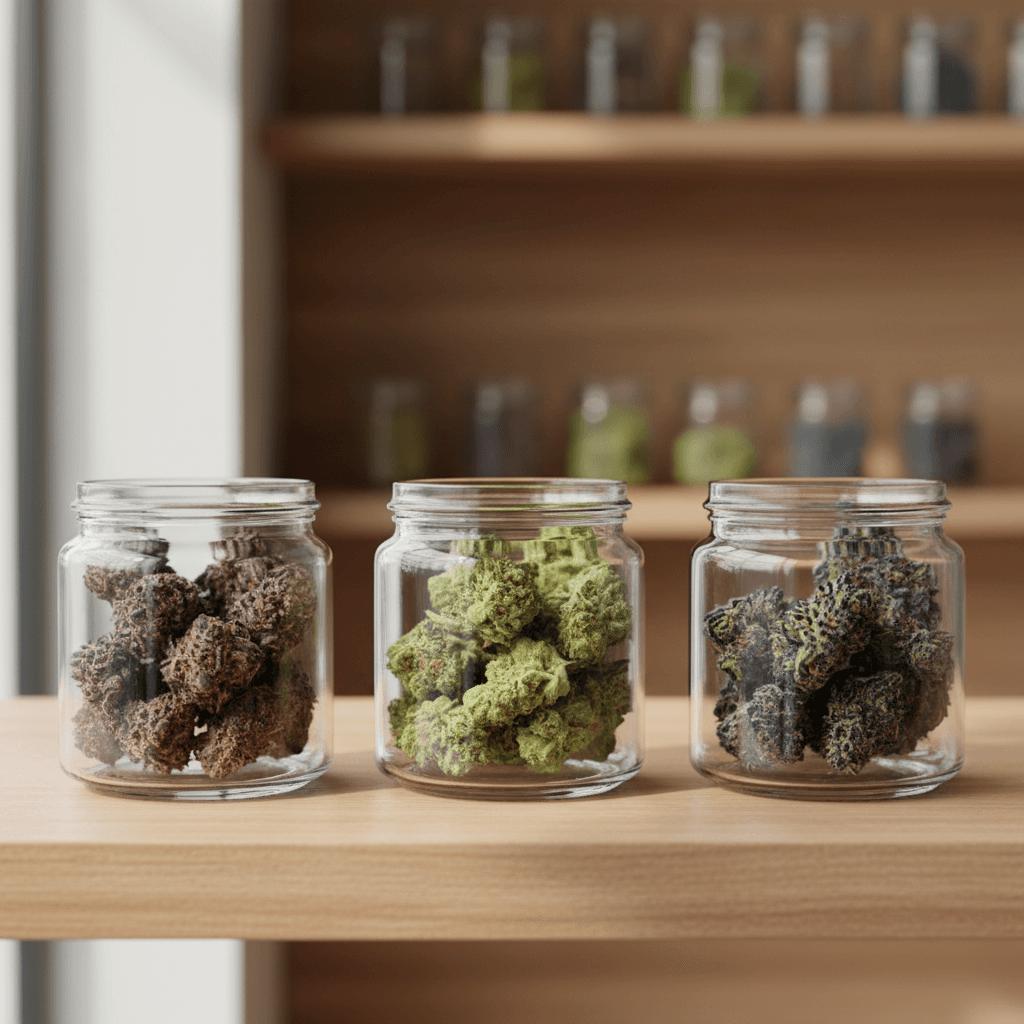 Close-up of various cannabis flower strains in glass jars on wooden shelf with natural window lighting