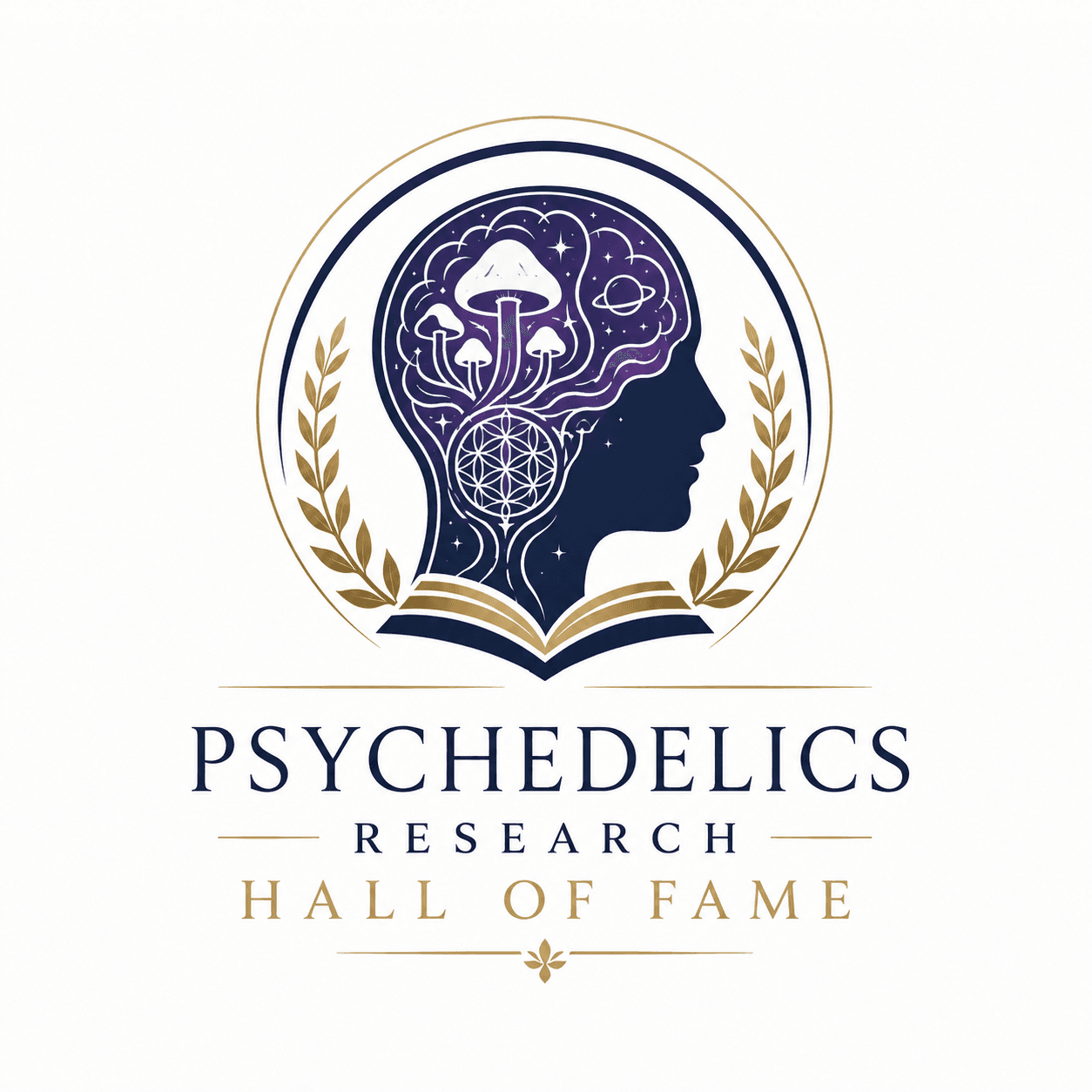 Psychedelics Research Hall of Fame logo featuring a cosmic head, mushrooms, and laurel leaves.