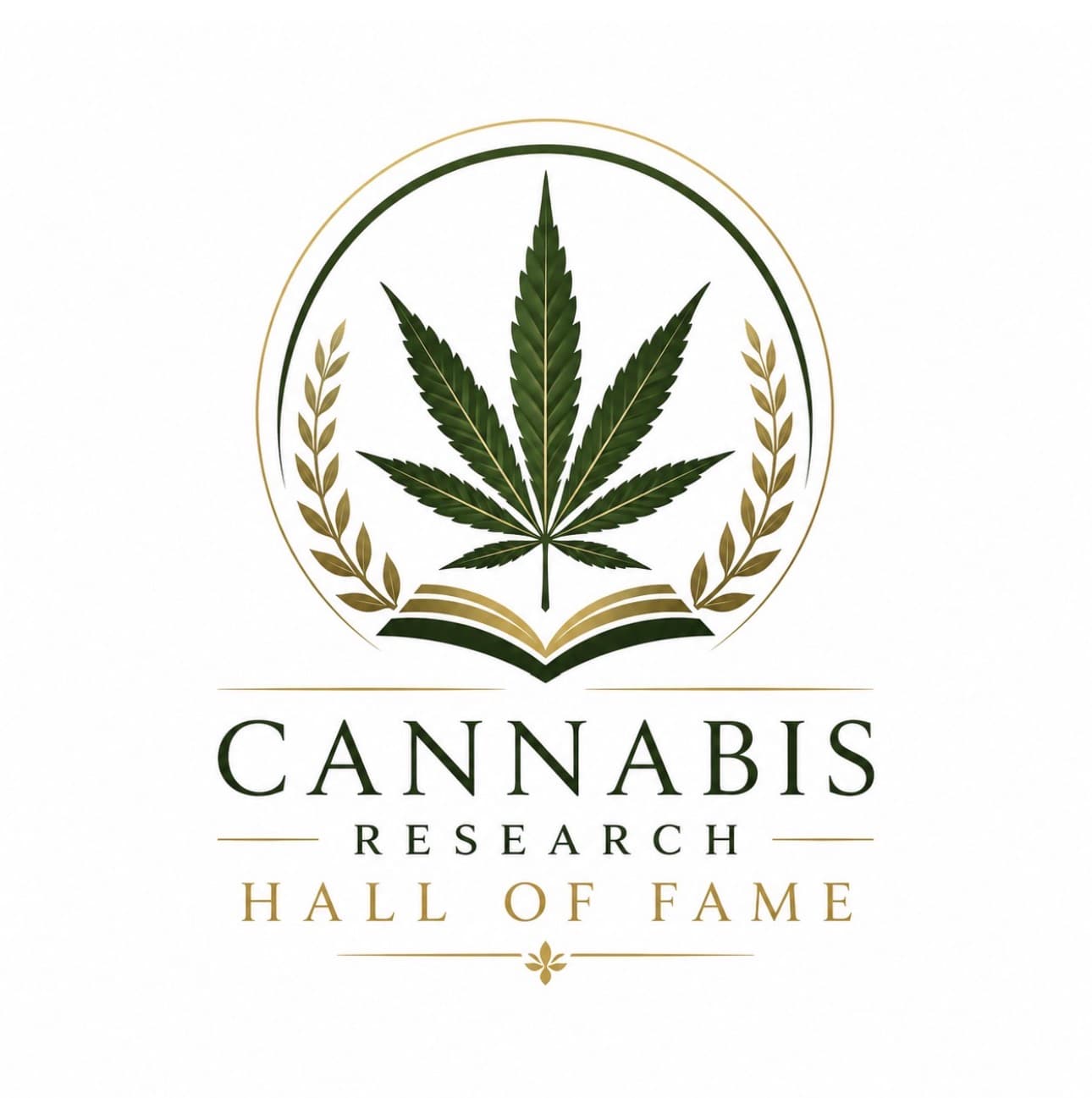 Cannabis Research Hall of Fame logo with green leaf, open book, and golden laurel wreaths.