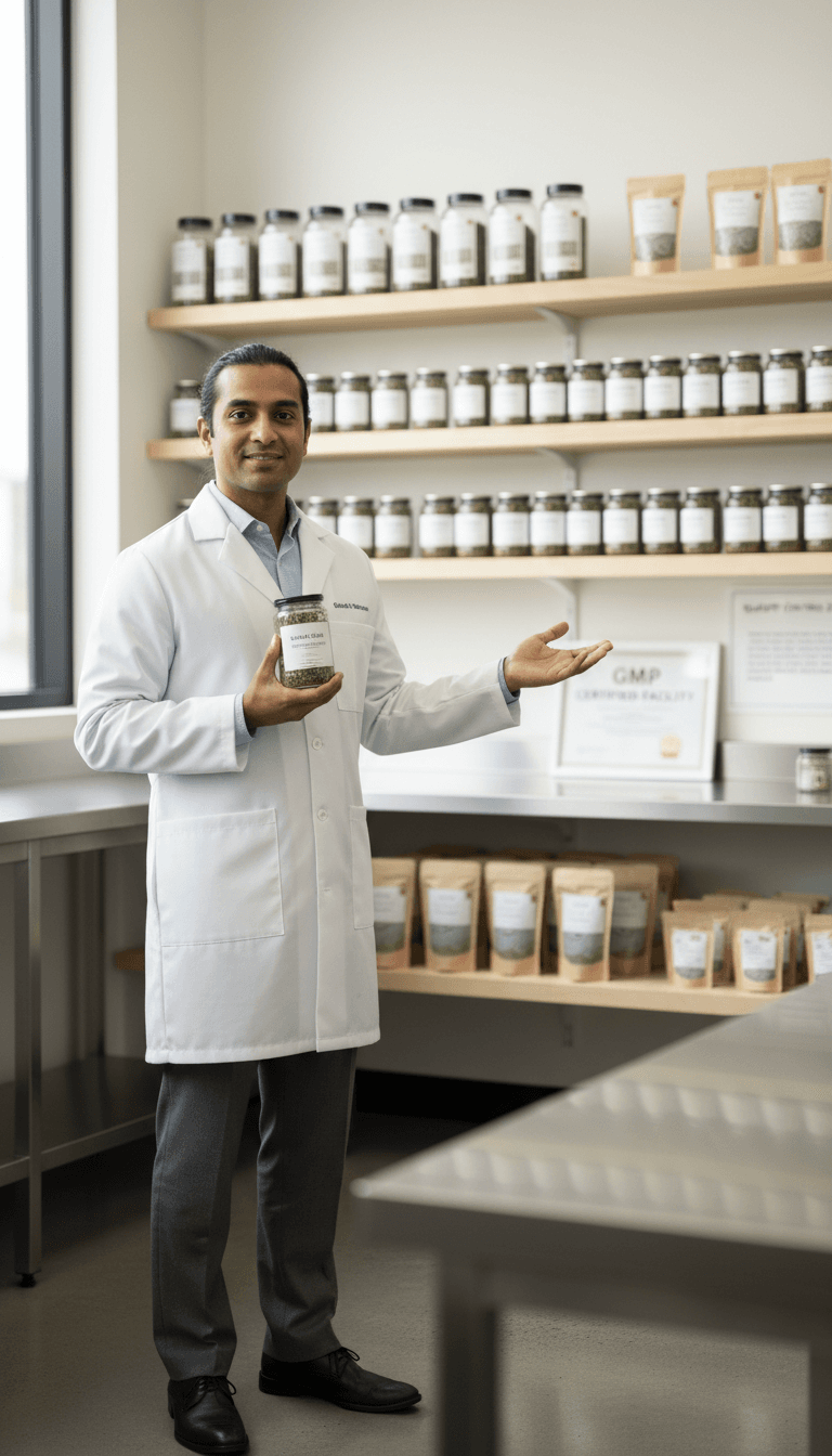 Professional cannabis product manufacturer in white lab coat holding finished product jar in organized production workspace with labeled shelving